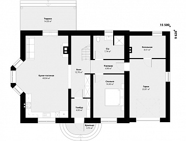 Проект дома с 4 спальнями, эркером в гостиной, террасой и пристроенным гаражом / План 1 этажа