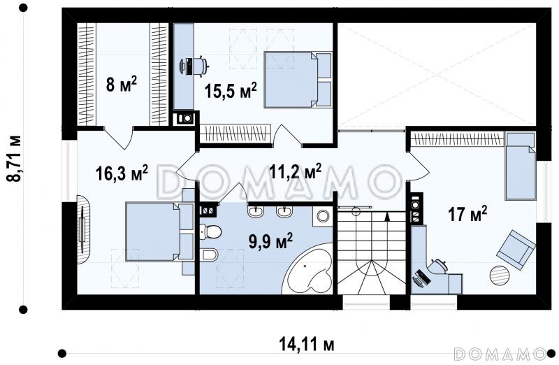Проект мансардного дома из кирпича с четырьмя спальнями, вторым светом и гаражом / План мансардного этажа