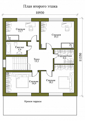 Проект двухэтажного дома с совмещенной кухней-столовой и гостиной, четырьмя спальнями и крытой террасой / План 2 этажа