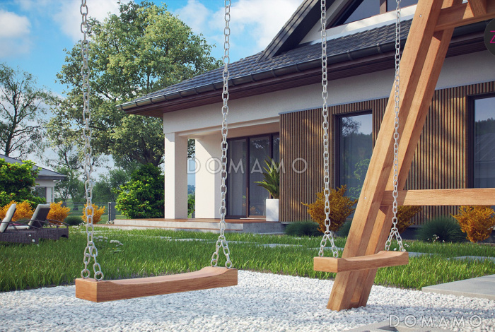 Проект одноэтажного дома из газобетона с тремя спальнями и треугольным окном на чердаке