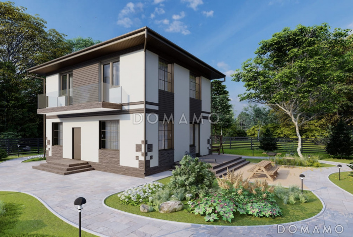 Проект компактного двухэтажного дома с 3 спальнями, гостиной и балконом