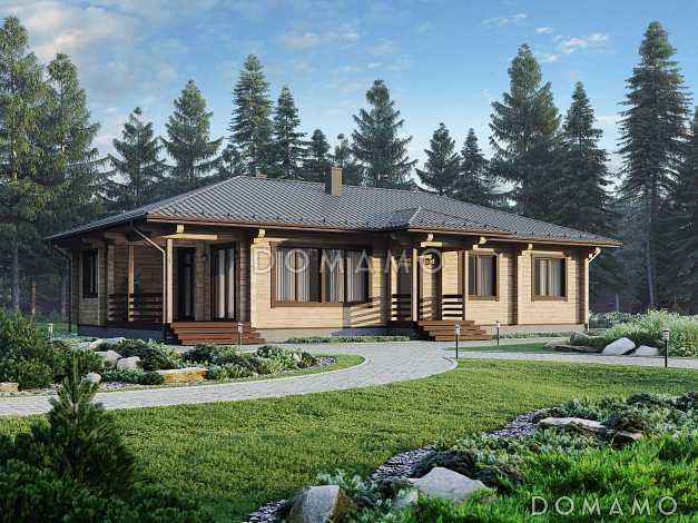Проект дома из бруса с 4 спальнями, гостиной, столовой и террасой