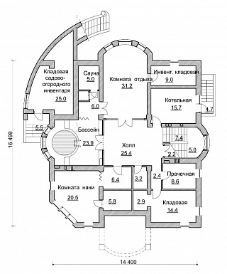 Проект коттеджа в стиле модерн с парадным балконом / План цокольного этажа