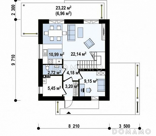 Проект современного двухэтажного дома с кабинетом, террасой, ванной с окном / План 1 этажа