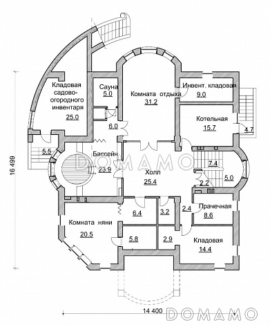 Проект коттеджа в стиле модерн с парадным балконом / План цокольного этажа