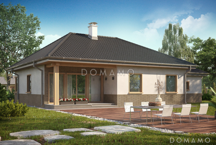 Проект одноэтажного дома из кирпича адаптированного для сейсмозоны с тремя спальнями, угловым окном в кухне и гаражом