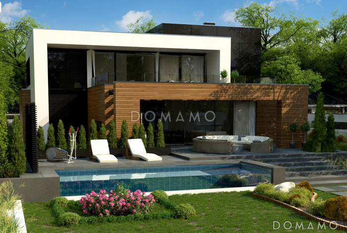 Проект просторного современного двухэтажного дома из газобетона с плоской крышей,  с пятью комнатами, гаражом и террасой на втором этаже