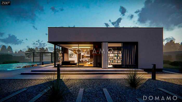 Проект кирпичного одноэтажного дома с плоской кровлей и гаражом на две машины