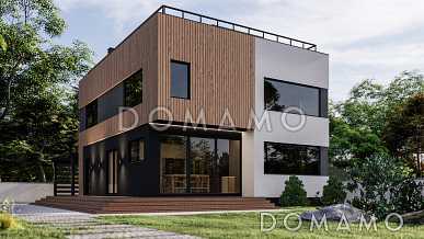 Проект двухэтажного дома в стиле хай-тек с террасой, 3 спальнями и личными гардеробными