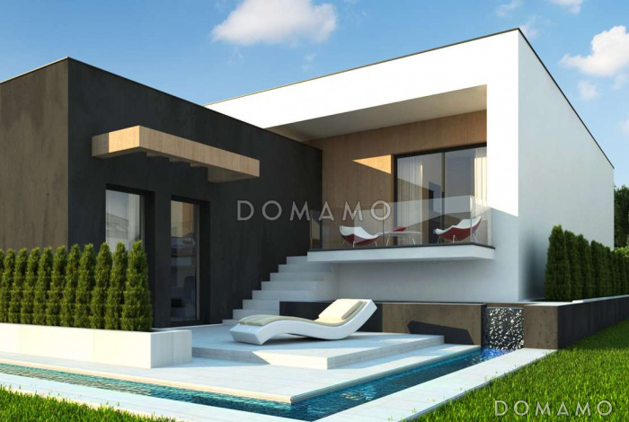 Проект современного двухэтажного дома из газобетона с подземным гаражом и террасой на втором уровне