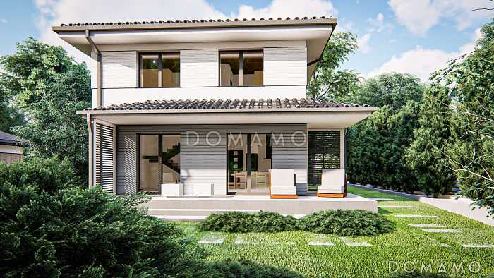 Проект двухэтажного загородного дома с кабинетом, зоной кухни с окном, гостиной с выходом на крытую террасу