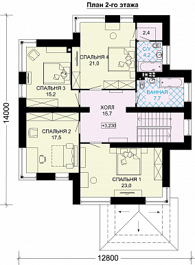 Проект загородного дома с четырьмя спальными комнатами и гаражом для одного автомобиля / План 2 этажа