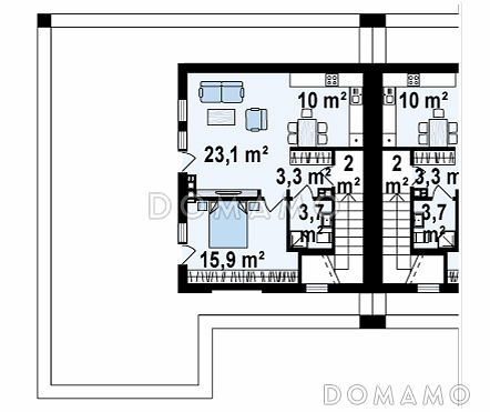 Проект современных мансардных домов-близнецов из газобетона с большим гаражом и открытой террасой на втором этаже / План мансардного этажа