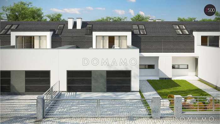 Проект современных мансардных домов-близнецов из кирпича с большим гаражом, открытой террасой на втором этаже и четырьмя спальнями