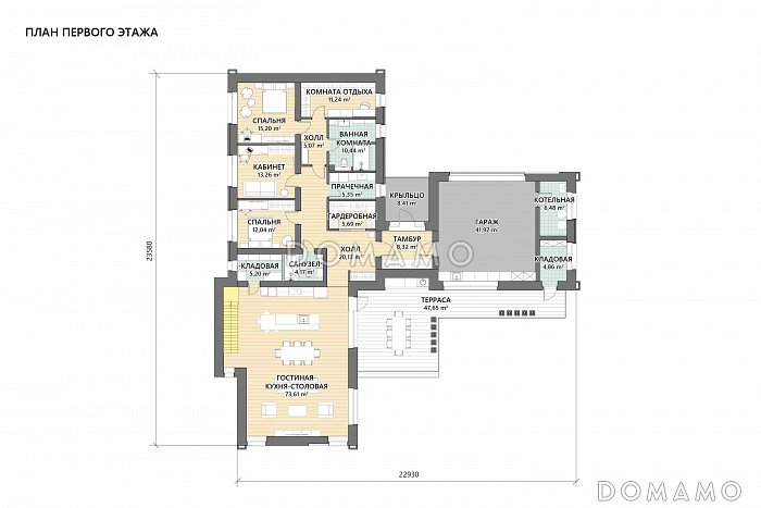 Проект дома из газобетона с эксплуатируемой кровлей, террасой барбекю, гаражом и вторым светом / План 1 этажа