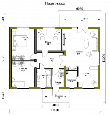Проект одноэтажного газобетонного дома с просторной гостиной, двумя спальнями и кабинетом / План 1 этажа