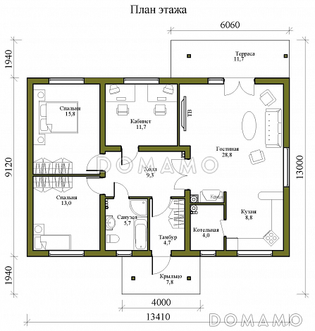 Проект одноэтажного газобетонного дома с просторной гостиной, двумя спальнями и кабинетом / План 1 этажа