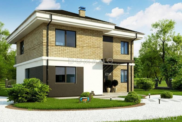 Проект загородного дома с террасой и балконом, кладовыми, просторной ванной с окном на втором этаже