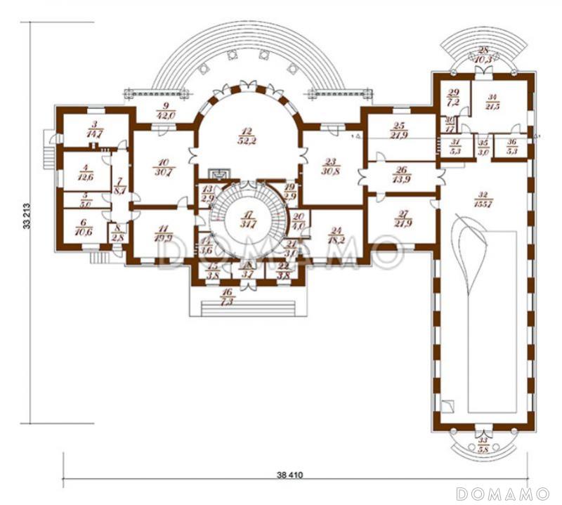 Проект загородного особняка из кирпича с полукруглым эркером / План 1 этажа