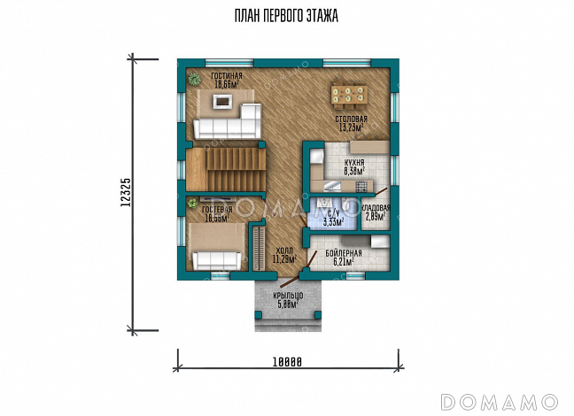 Проект двухэтажного дома с тремя спальнями и большой гостиной / План 1 этажа
