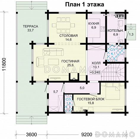 Проект дома из бруса с гостевым блоком / План 1 этажа