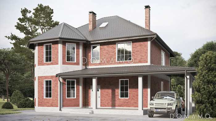 Проект дома из газобетона с эркером и навесом для автомобиля