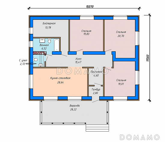 Проект одноэтажного дома из газобетона с верандой, кухней-столовой, тремя спальнями / План 1 этажа