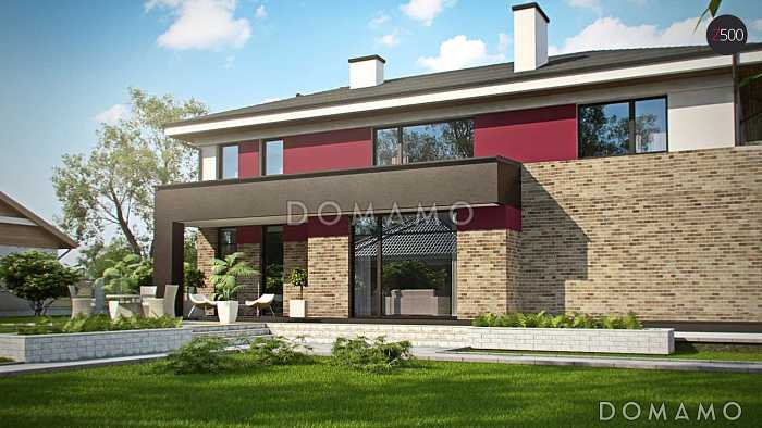 Проект современного двухэтажного дома из кирпича с четырьмя спальнями, большим гаражом и сауной