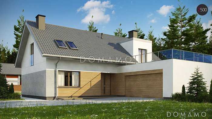 Проект комфортного одноэтажного мансардного дома из кирпича с гаражом и террасой над ним