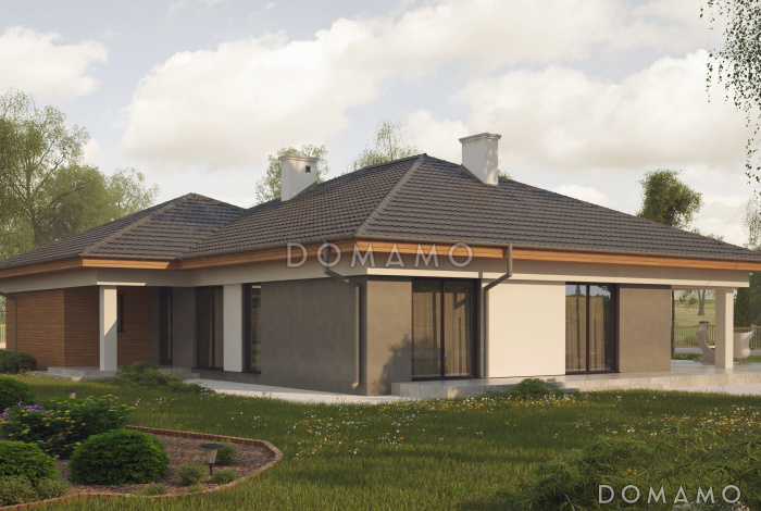 Проект одноэтажного просторного дома из кирпича с крытой террасой, эркером и гаражом для двух автомобилей