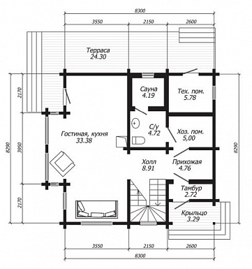 Проект дома из клееного бруса в стиле скандинавского конструктивизма / План 1 этажа