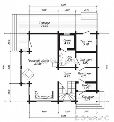 Проект дома из клееного бруса в стиле скандинавского конструктивизма / План 1 этажа