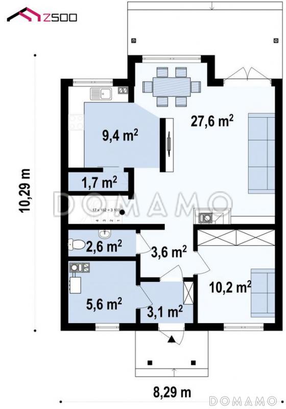 Проект загородного дома с террасой, балконом, кладовой на кухне, просторной ванной / План 1 этажа