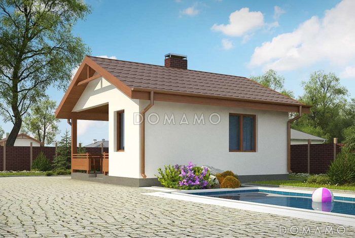 Проект небольшой бани из газобетона с комнатой отдыха и крытой террасой