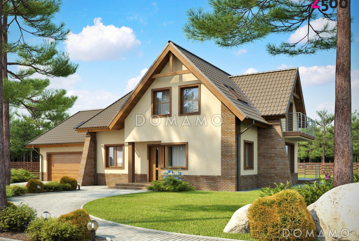 Проект просторного комфортного мансардного дома из кирпича с необычной планировкой и гаражом