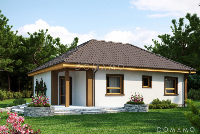 Проект небольшого одноэтажного дома из газобетона с тремя спальнями и красивой угловой террасой 