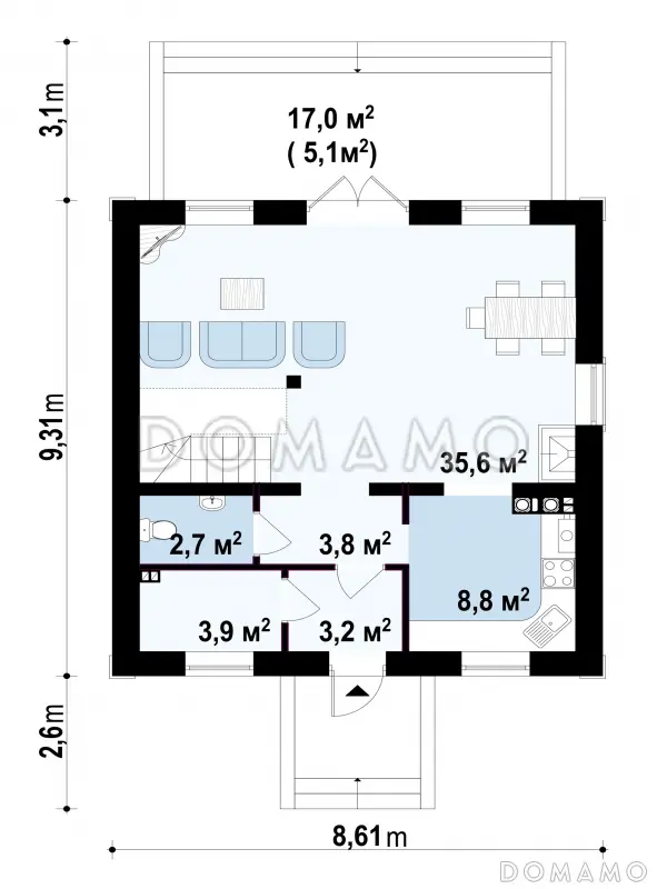 Проект одноэтажного дома из газобетона с мансардой и просторной гостиной / План 1 этажа