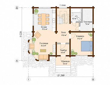 Проект двухэтажного дома из клееного бруса с относительно небольшой площадью / План 1 этажа