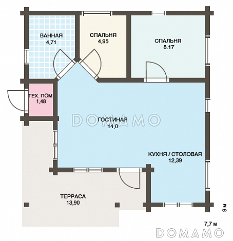 Проект небольшого одноэтажного деревянного дома из клееного бруса с двумя спальнями / План 1 этажа