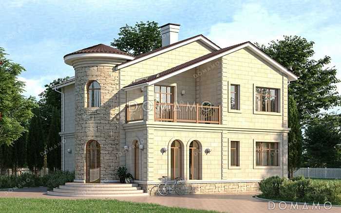 Проект дома с круглым эркером в кабинете, четырьмя спальнями и кладовой на кухне