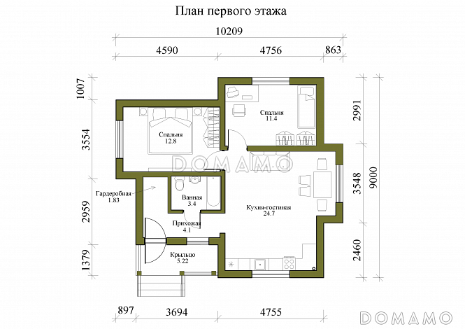 Проект компактного одноэтажного дома с двумя спальнями / План 1 этажа
