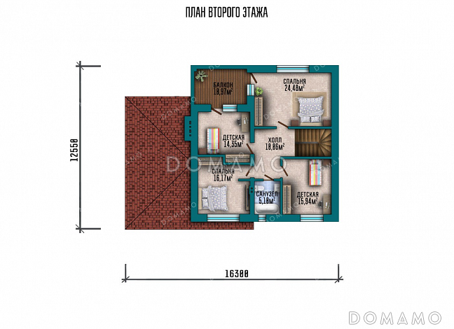 Проект двухэтажного дома с террасой и гаражом / План 2 этажа