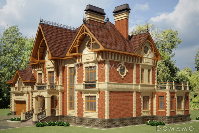 Проект двухэтажного дома с выступающими эркерами, балконами