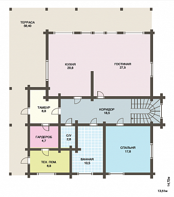 Проект дома из клееного бруса с просторным балконом на втором этаже / План 1 этажа