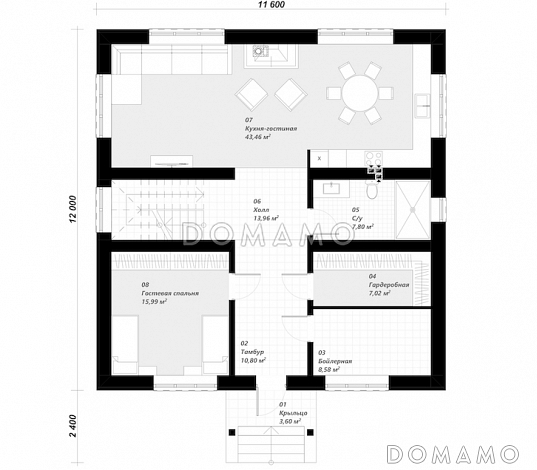 Проект двухэтажного дома с 4 спальнями и просторной ванной комнатой / План 1 этажа