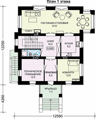 Проект кирпичного дома с подвалом / План 1 этажа
