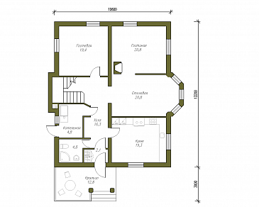 Проект двухэтажного кирпичного коттеджа с мансардой / План 1 этажа