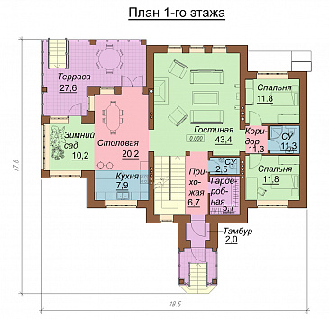 Проект двухэтажного дома с цокольным и мансардным этажами, с сауной и зимним садом / План 1 этажа