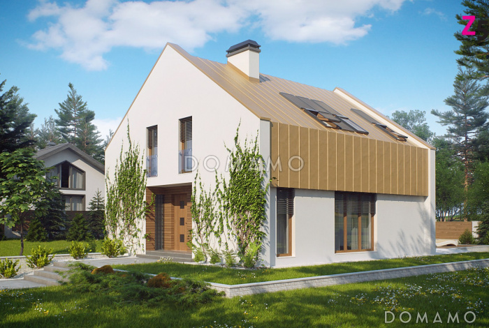 Проект одноэтажного мансардного дома из кирпича с большой гостиной и современными элементами экстерьера