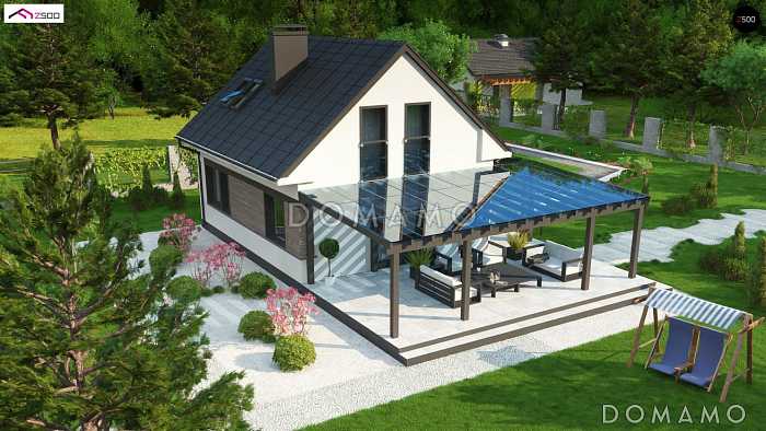 Проект компактного одноэтажного мансардного дома из кирпича с дополнительной спальней на первом этаже и большой крытой террасой